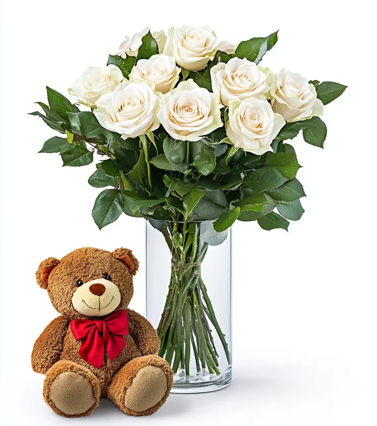 Six White Roses and Bear