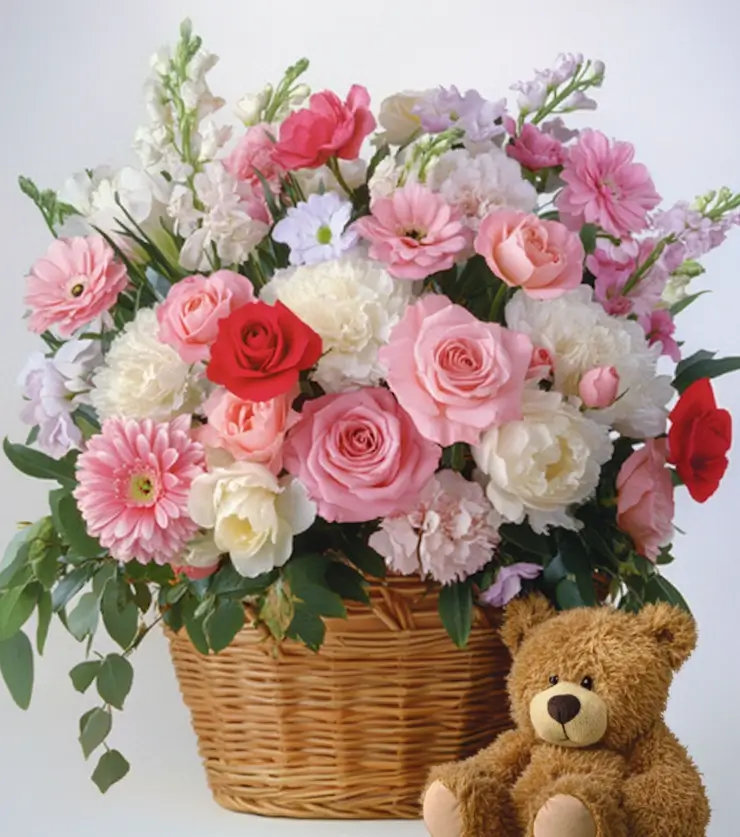 Fragrant Blooms Basket & Bear