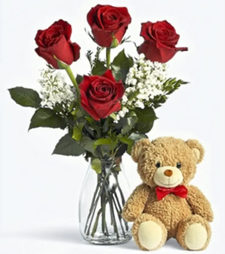 3 Red Roses & Bear